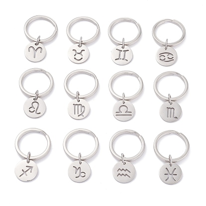 304 Stainless Steel Keychain, with 201 Stainless Steel Pendants, Flat Round with Constellations Pattern, Hollow