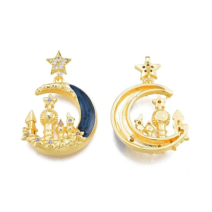 Brass Micro Pave Clear Cubic Zirconia Pendants, with Enamel, Moon with Castle Charms