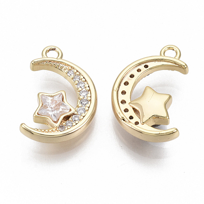 Brass Micro Pave Cubic Zirconia Pendants, Nickel Free, Moon with Star, Clear