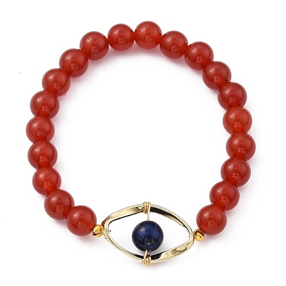 Natural Gemstone Stretch Beaded Bracelets, with Golden Plated Alloy Linking Rings, Evil Eye