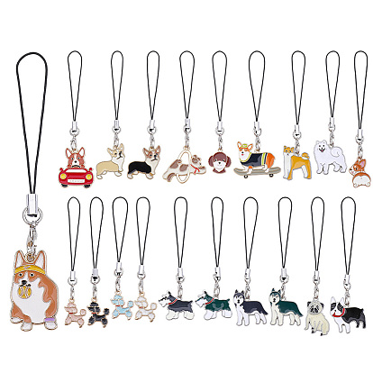 20 шт. эмалевые подвески для собак из сплава с ремешками для мобильных телефонов, с оплеткой нейлоновой нити