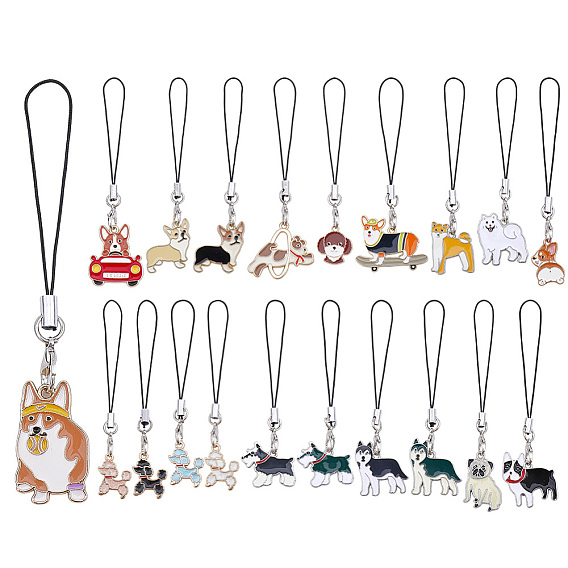 20Pcs Alloy Enamel Dog Pendants Mobile Straps, with Braided Nylon Thread