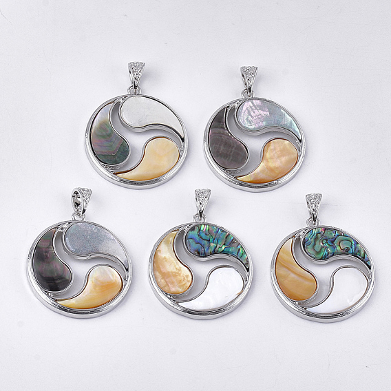 Mixed Shell Pendants, with Resin and Alloy Findings, Flat Round, Platinum
