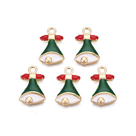 Rack Plating Alloy Enamel Pendants, Cadmium Free & Nickel Free & Lead Free, Light Gold, Christmas Bell