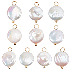 10Pcs Natural Baroque Pearl Keshi Pearl Pendants, Flat Round Charms, Cultured Freshwater Pearl, with Brass Loops, Floral White