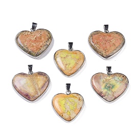 Natural Imperial Jasper Pendants, Heart Charms with Platunum Plated Brass Findings