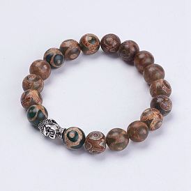 Тибетский стиль dzi шарик стрейч браслеты, С тибетским стилем Будды, Шелковые & матерчатые чехлы