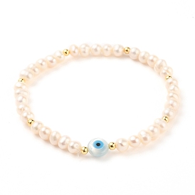 Natural Pearl Beads Stretch Bracelets, with Brass Beads, Natural White Shell Beads and Synthetic Turquoise, Evil Eye