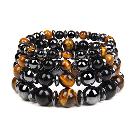 Non-magnetic Synthetic Hematite and Natural Tiger Eye Beaded Stretch Bracelets for Men