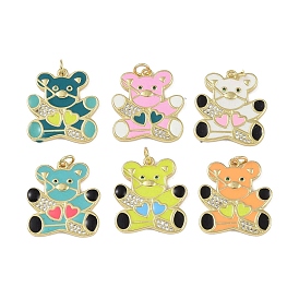 Brass Micro Pave Cubic Zirconia Pendants, Enamel Style, Real 18K Gold Plated, Bear Charms with Jump Rings