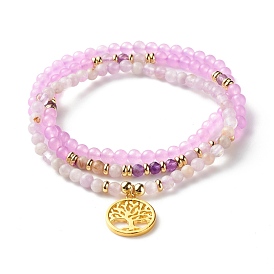 Stone Stretch Bracelets Set, Natural Lavender Amethyst & Malaysia Jade(Dyed) Round Beads Bracelets, Flat Round with Tree of Life Brass Charm Bracelets for Women, Golden