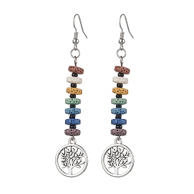 Colorful Natural Dyed Lava Rock Disc Beaded Dangle Earrings, Alloy Tree of Life Long Dorp Earrings