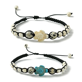2Pcs 2 Color Natural Dalmation Jasper & Synthetic Turquoise Braided Bead Bracelet, Sea Turtle Adjustable Bracelets