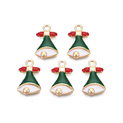 Rack Plating Alloy Enamel Pendants, Cadmium Free & Nickel Free & Lead Free, Light Gold, Christmas Bell