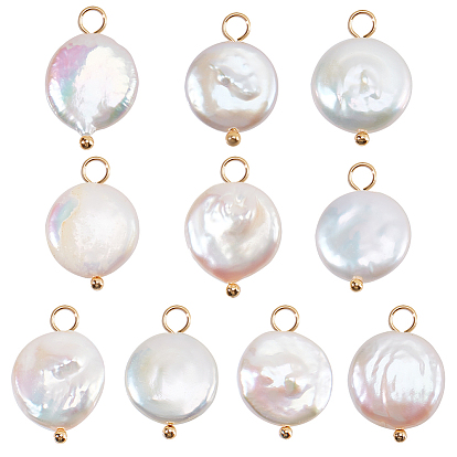 10Pcs Natural Baroque Pearl Keshi Pearl Pendants, Flat Round Charms, Cultured Freshwater Pearl, with Brass Loops, Floral White