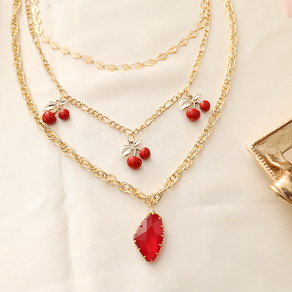 Cherry Multi-layer Necklace with Red Crystal - Fashionable and Creative Women's Jewelry N803