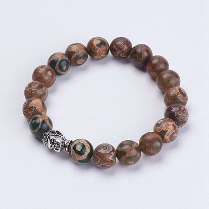 Тибетский стиль dzi шарик стрейч браслеты, С тибетским стилем Будды, Шелковые & матерчатые чехлы