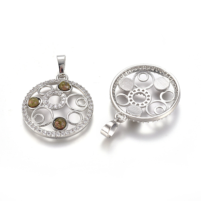 Gemstone Pendants, with Platinum Tone Brass Findings and Crystal Rhinestone, Flat Round