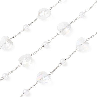 304 Цепи из нержавеющей стали и АБС-пластика с круглыми бусинами и стеклянными бусинами в форме сердца, пайки, с катушкой