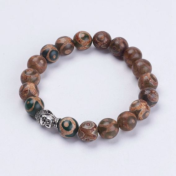 Тибетский стиль dzi шарик стрейч браслеты, С тибетским стилем Будды, Шелковые & матерчатые чехлы