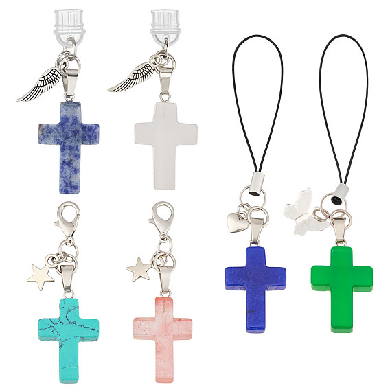 6шт. Ремешки для мобильных телефонов из натуральных и синтетических драгоценных камней, с пластиковыми пылезащитными заглушками и застежками-карабинами из сплава