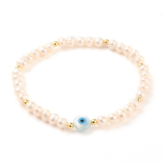 Natural Pearl Beads Stretch Bracelets, with Brass Beads, Natural White Shell Beads and Synthetic Turquoise, Evil Eye