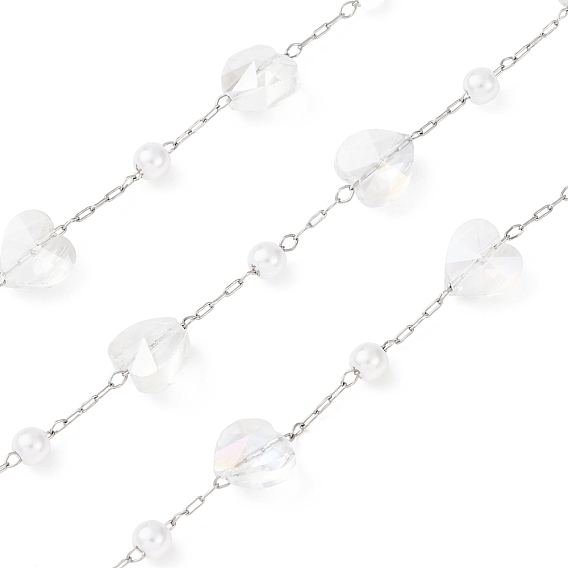 304 Цепи из нержавеющей стали и АБС-пластика с круглыми бусинами и стеклянными бусинами в форме сердца, пайки, с катушкой