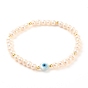 Natural Pearl Beads Stretch Bracelets, with Brass Beads, Natural White Shell Beads and Synthetic Turquoise, Evil Eye