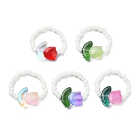 Tulip Flower Glass & Seed Beaded Stretch Rings