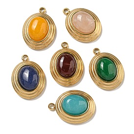 Natural Gemstone Pendants, 304 Stainless Steel Oval Charms, Golden