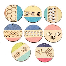 Printed Natural Poplar Wood Pendants, Laser Cut Wood Shapes, Flat Round, Mixed Patterns