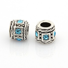 Vintage Antique Silver Zinc Alloy Rhinestone European Beads, Large Hole Column Beads