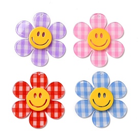 Tartan Pattern Acrylic Big Pendants, Flower with Smiling Face