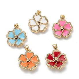 Real 18K Gold Plated Brass Micro Pave Clear Cubic Zirconia Beads Pendant, with Enamel, Long-Lasting Plated, Flower