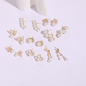 Zirconia Pearl Earrings with 14K Butterfly Studs, Star and Moon Tassels, Shell Hearts on Silver Hooks