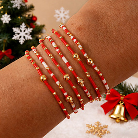 6 Браслеты ручной работы из стеклянного бисера и латунных бусин, эластичные., Регулируемый набор украшений для женщин, которые можно носить в несколько рядов.