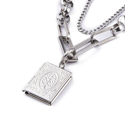 304 Stainless Steel Diffuser Locket Pendant Necklaces, Double Layer Necklaces, with Curb Chains & Figaro Chains, Book with Tree of Life