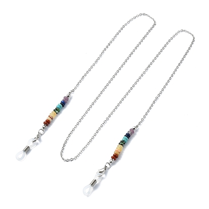 Natural & Synthetic Mixed Gemstone Disc Beaded Eyeglasses Chains, Neck Strap for Eyeglasses, with 304 Stainless Steel Cable Chains, Zinc Alloy Lobster Claw Clasps