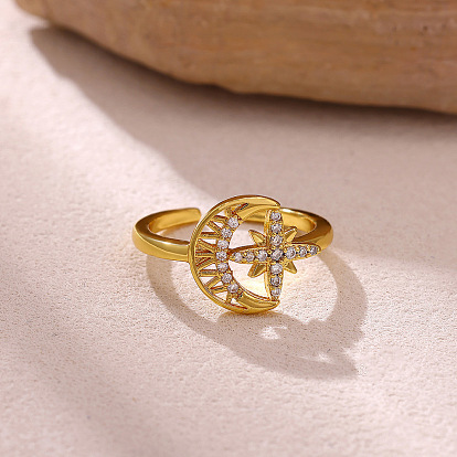 Brass Micro Pave Cubic Zirconia Cuff Open Rings, Moon with Star