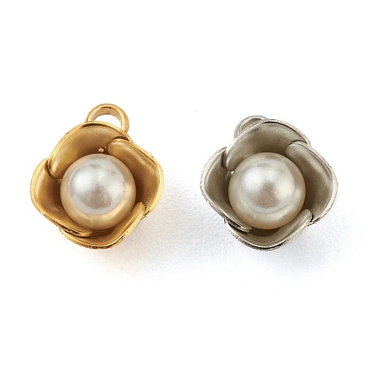 304 Stainless Steel Pendants, with White Plastic Imitation Pearl Beads, 3D Flower