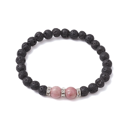 Круглые женские эластичные браслеты из натурального лавового камня и родонита с бусинами