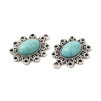 Retro Alloy Pendant Rhinestone Settings, with Synthetic Turquoise, Oval Flower