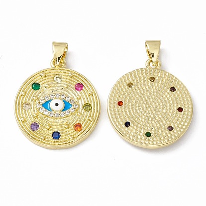 Rack Plating Brass Micro Pave Colorful Cubic Zirconia Pendants, with Enamel, Long-Lasting Plated, Cadmium Free & Lead Free, Flat Round with Evil Eye