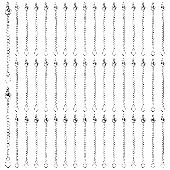 50Pcs 304 Stainless Steel Curb Chain Extender, End Chains with Lobster Claw Clasps and Heart Charms