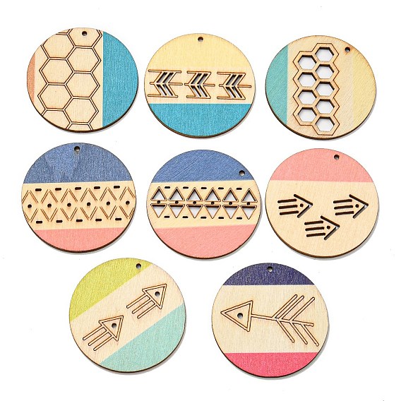 Printed Natural Poplar Wood Pendants, Laser Cut Wood Shapes, Flat Round, Mixed Patterns