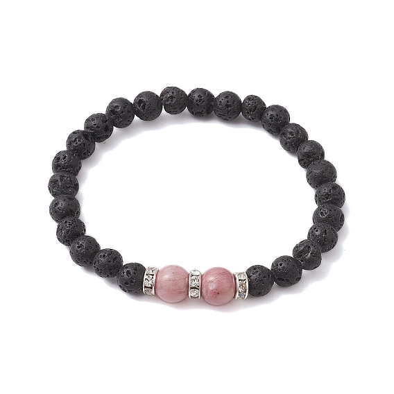Круглые женские эластичные браслеты из натурального лавового камня и родонита с бусинами