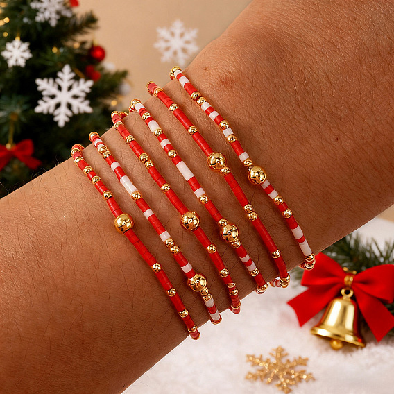 6 Браслеты ручной работы из стеклянного бисера и латунных бусин, эластичные., Регулируемый набор украшений для женщин, которые можно носить в несколько рядов.