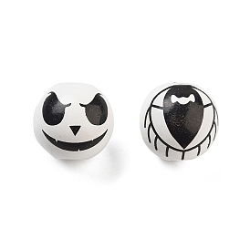 Printed Wood European Beads, Halloween Theme Beads, Round