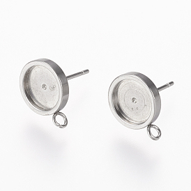 304 Stainless Steel Stud Earring Settings, with Loop, Flat Round