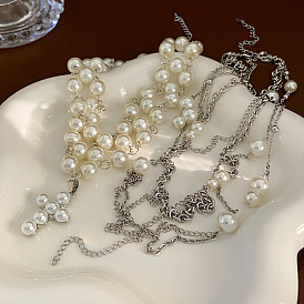 2шт. крестообразный сплав и пластиковый искусственный жемчуг подвеска многослойные ожерелья для женщин, белые